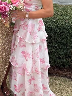 Hello Molly White and Pink Floral Ruffled Prom Dress